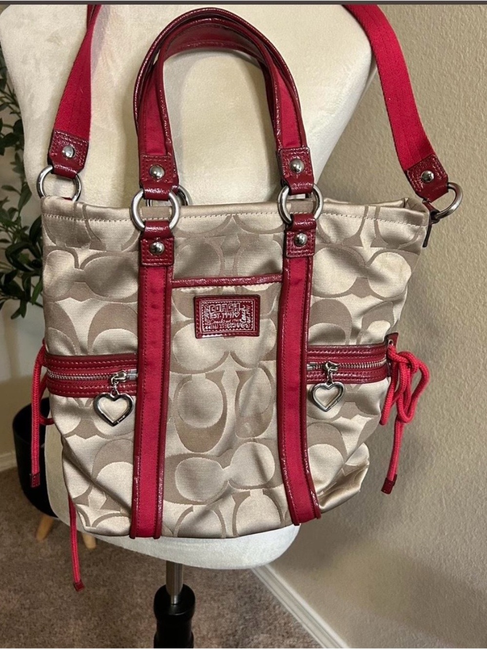 Coach Beige Signature Tote with Red Trim and Heart Charms